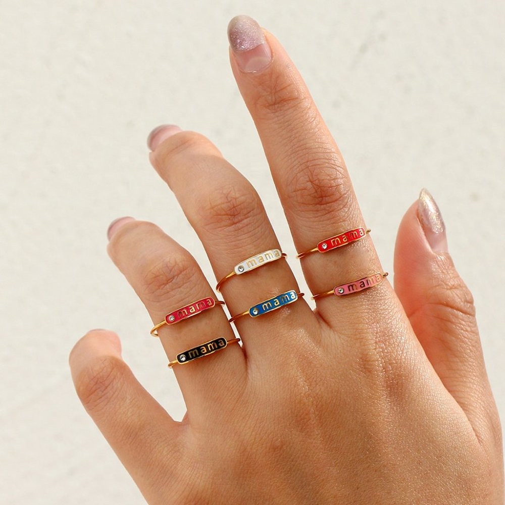 Black Enamel Mama Adjustable Zircon Stackable Ring 18K Gold Plated Stainless - Picture 6 of 7